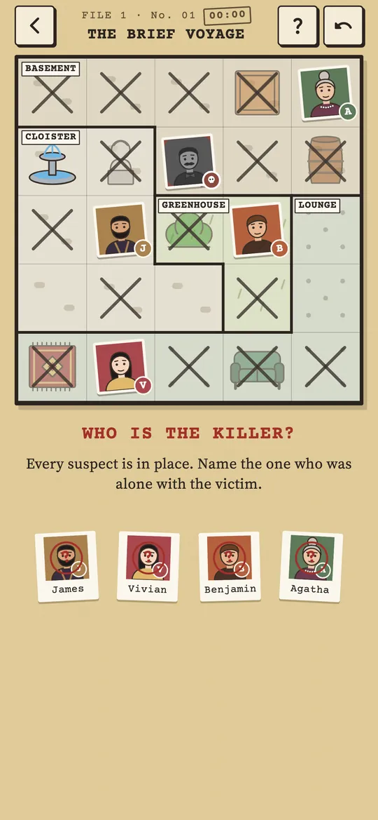 The accusation screen with four suspect polaroids
